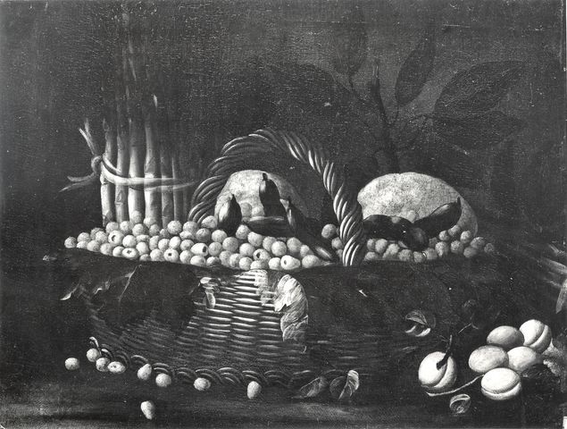 Anonimo — Autore non indicato - sec. XVII - Natura morta con frutta, cesto, asparagi e legumi — insieme
